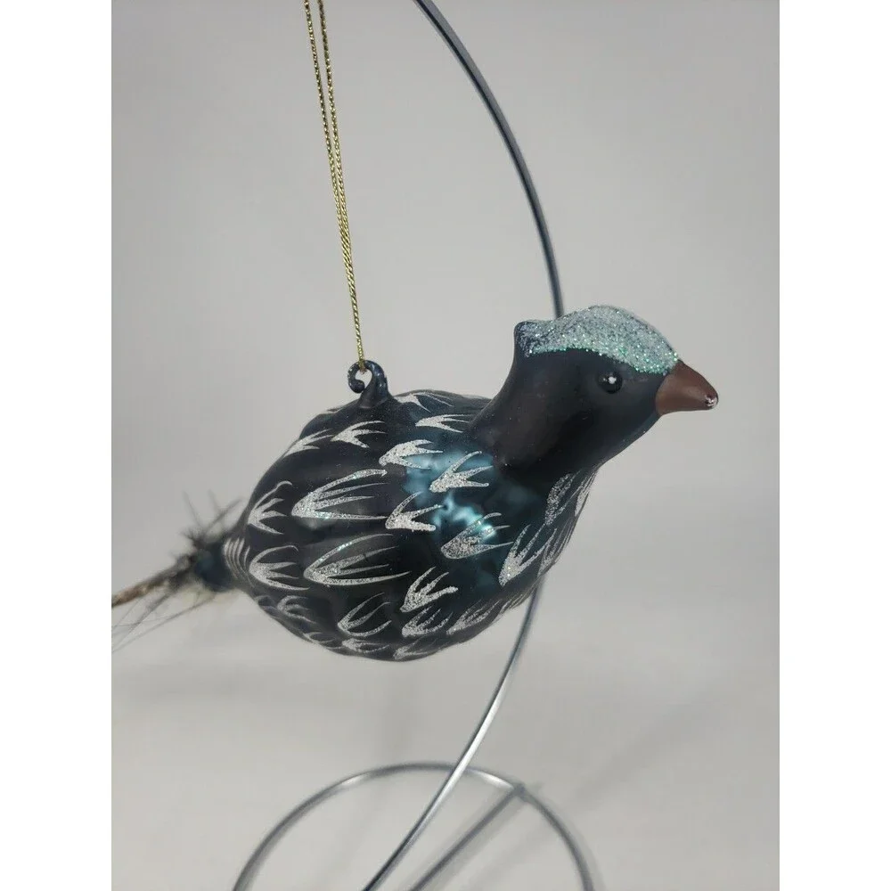 Blown Glass Bird Christmas Tree Ornament Feathers Glitter Dark Green Unique
